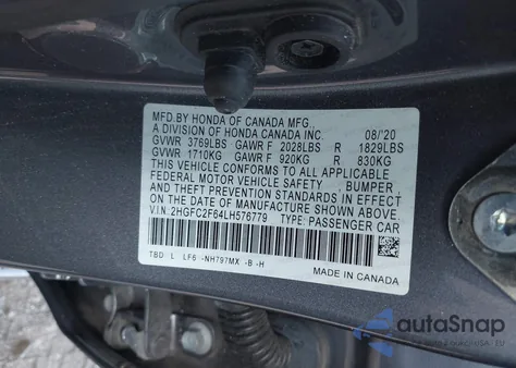 2020 Honda Civic Lx z USA, uszkodzony, nr VIN 2HGFC2F64LH576779